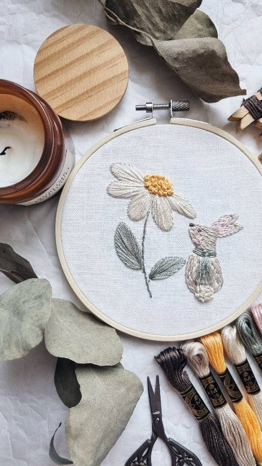 Whimsical Bunny and Daisy Embroidery Hoop Art