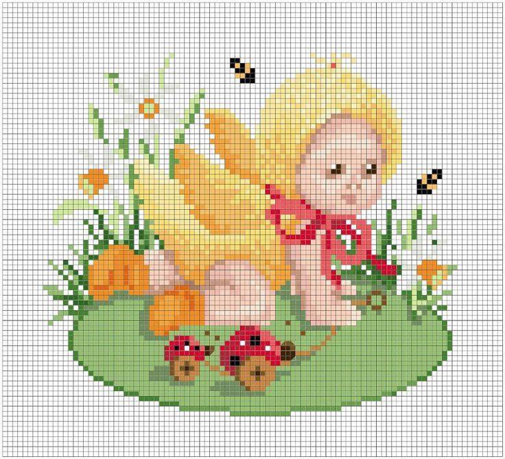 Adorable Baby Angel with Ladybugs Cross Stitch Pattern