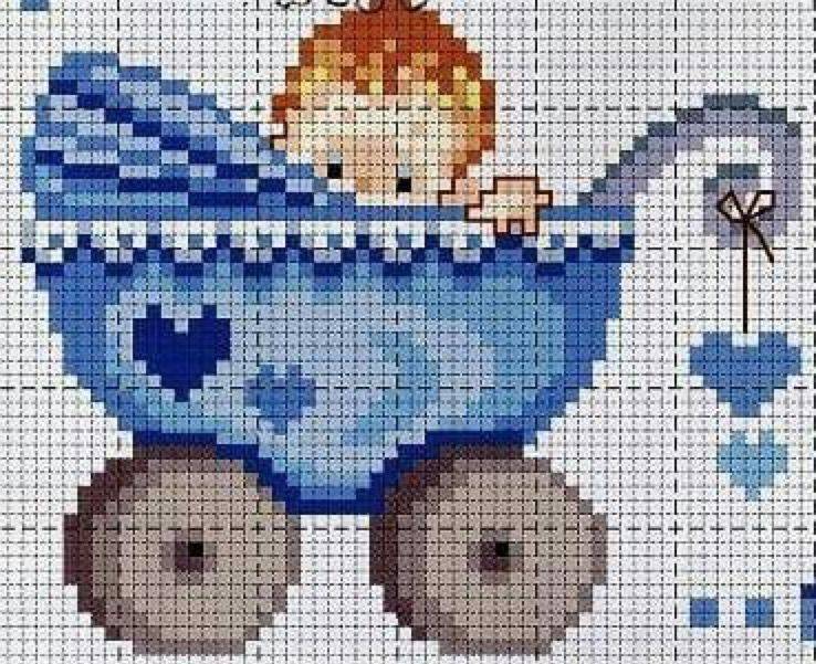 Adorable Baby in Blue Stroller Cross Stitch Pattern