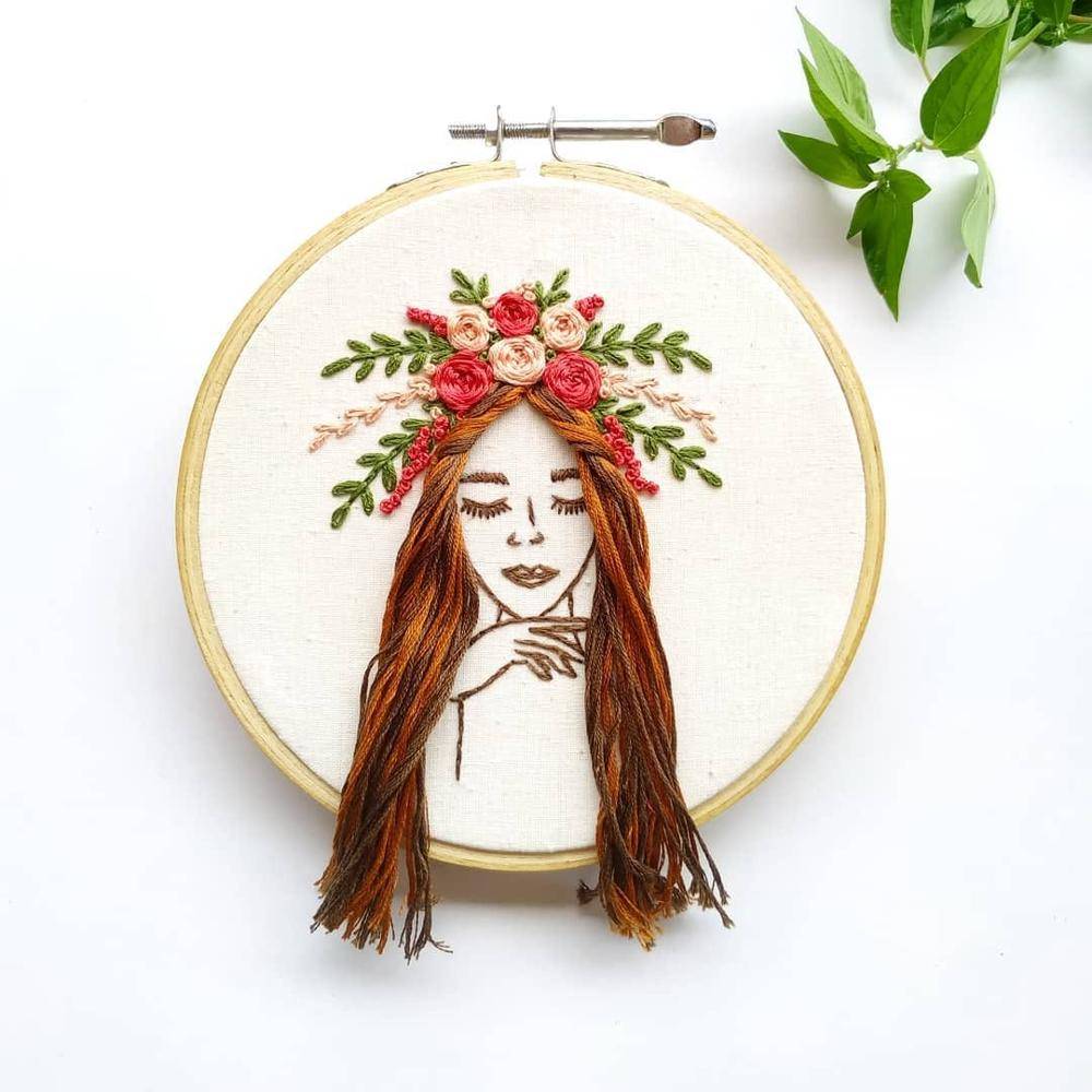 Bohemian Floral Crown Girl Embroidery Hoop Art