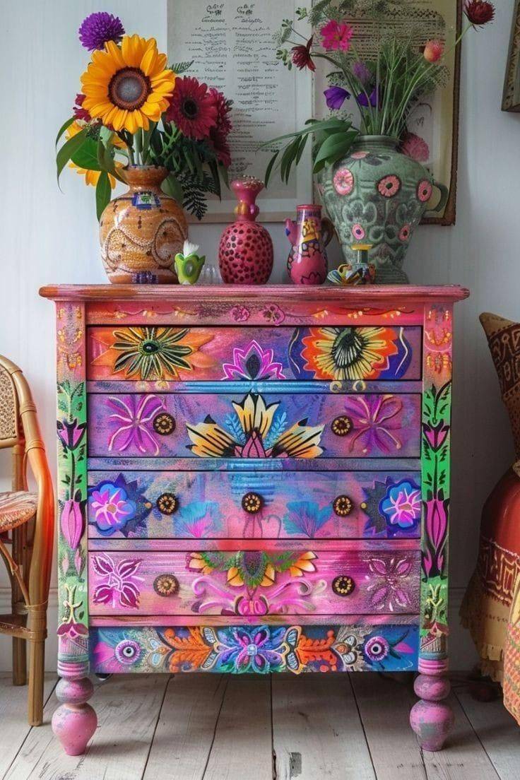 Bohemian Floral Hand-Painted Dresser