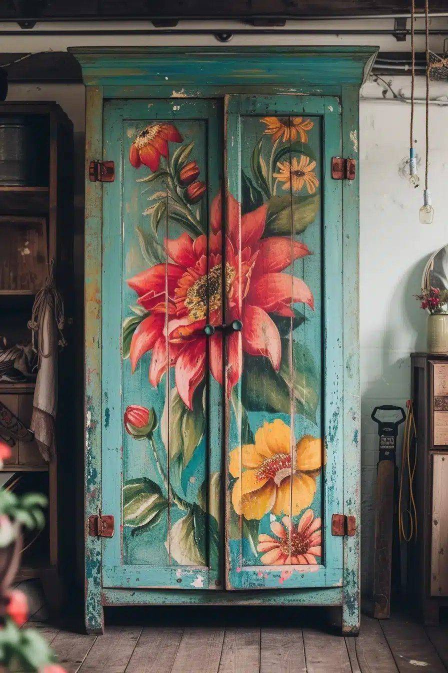 Bohemian Floral Painted Armoire Makeover