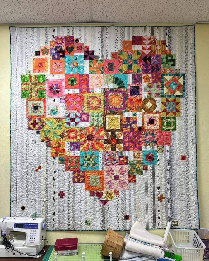 Boho Heart Quilt with Mixed Fabric Blocks