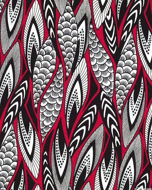 Bold Red, Black, and White Leaf Pattern Fabric
