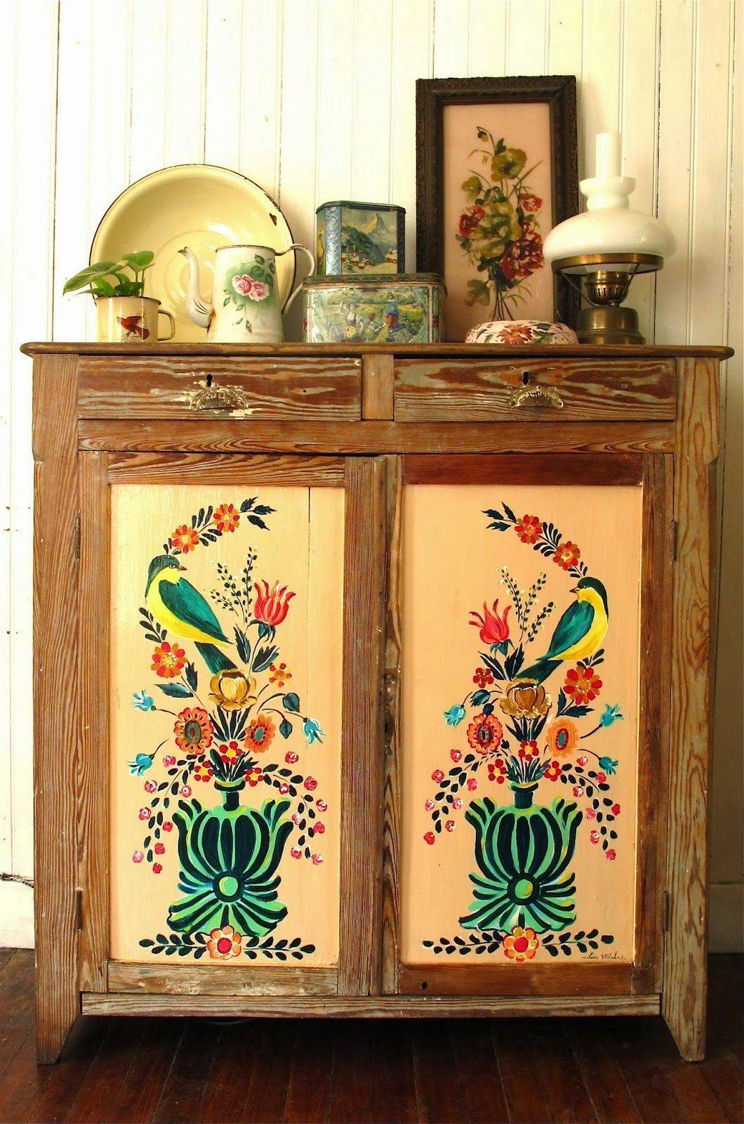 Charming Folk Art Painted Cabinet