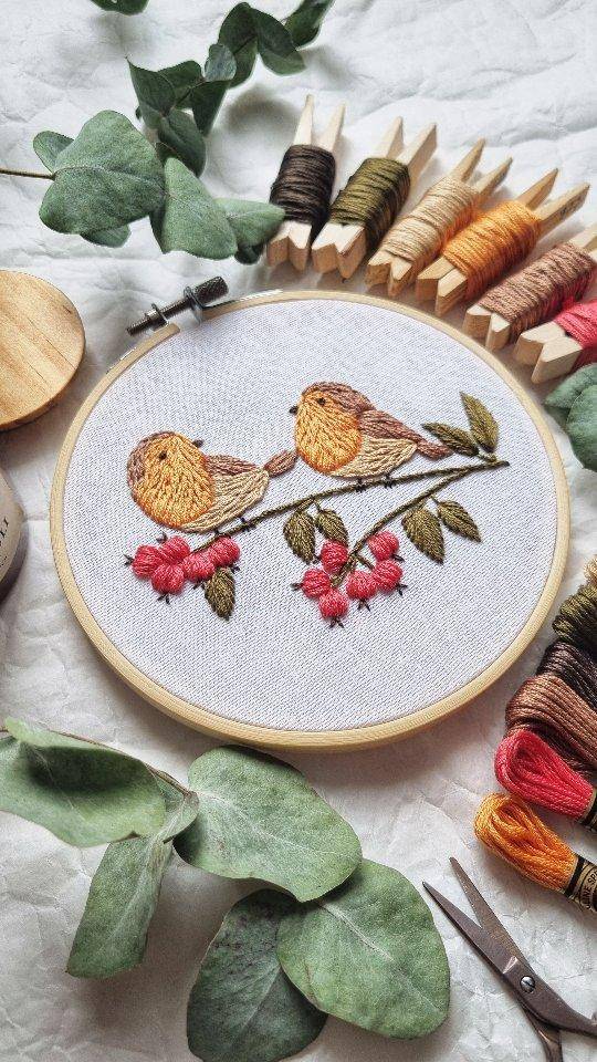 Charming Two Robins Embroidery Hoop Art