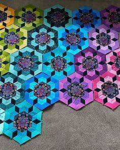 Colorful Hexagon Quilt with Fabric Centers