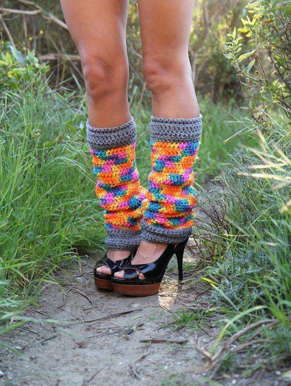 27 DIY Leg Warmers Knitting Patterns Crocheted Leg Warmers in Rainbow Stripes and Gray Cuffs