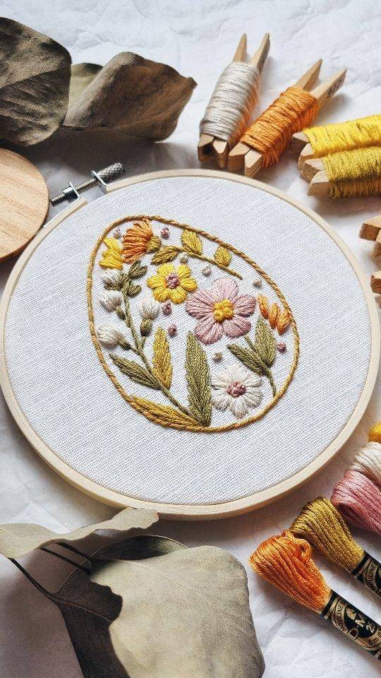 Delicate Floral Egg Embroidery Hoop Art