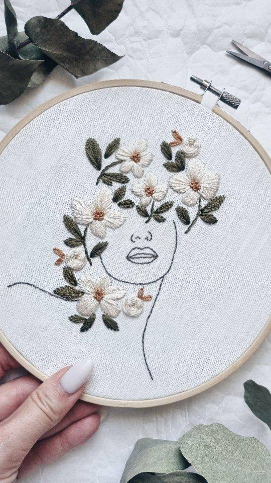 Elegant Floral Face Line Art Embroidery Hoop