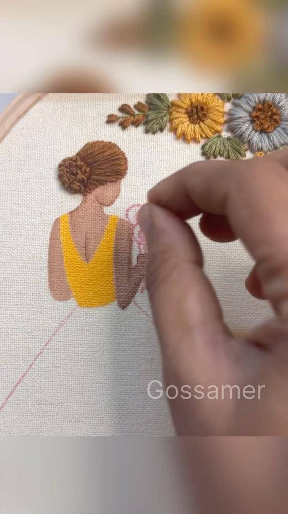 Elegant Woman with Floral Embroidery Hoop Art