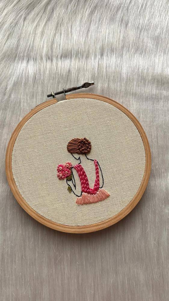 Elegant Woman with Flowers Hand-Embroidered Hoop Art