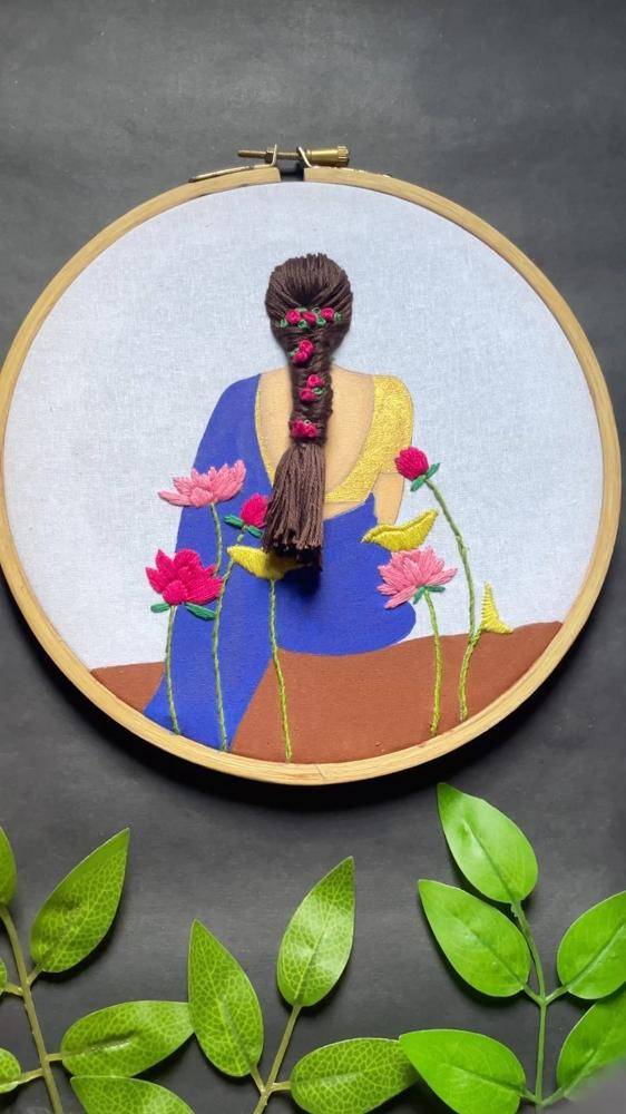 Embroidered Woman with Lotus Flowers Hoop Art