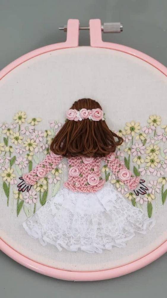 Embroidery Hoop Art of a Girl in a Floral Garden
