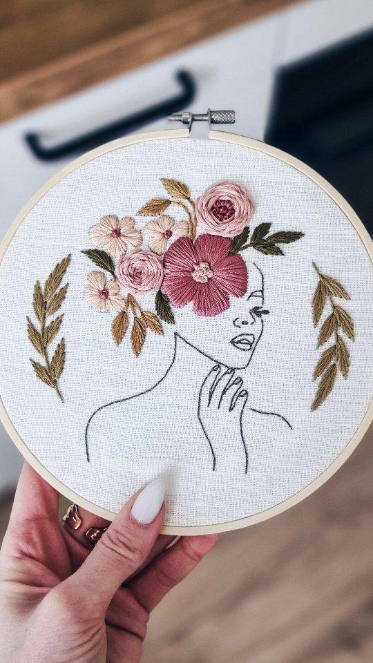 Embroidery Portrait with Floral Crown