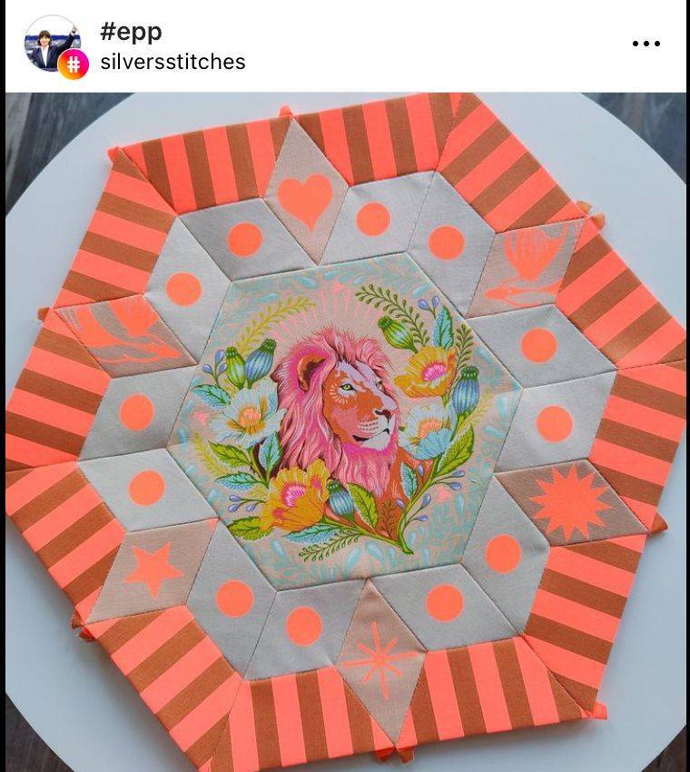 English Paper Piecing Hexagon Quilt with Lion Centerpiece