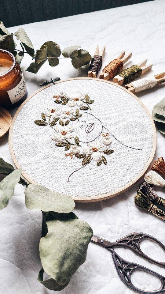 Floral Portrait Embroidery Hoop Art