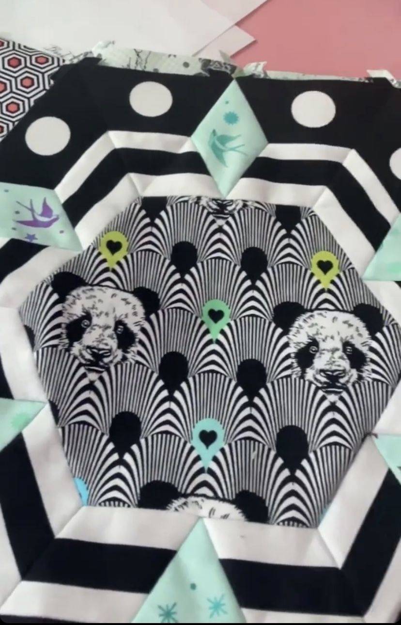 Geometric Panda and Bird Patchwork Quilt Block