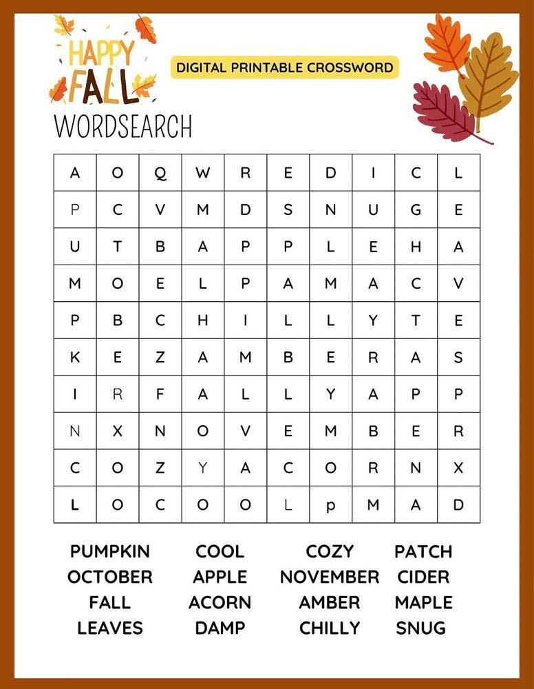21 Printable Puzzles For Adults Happy Fall Themed Word Search Puzzle