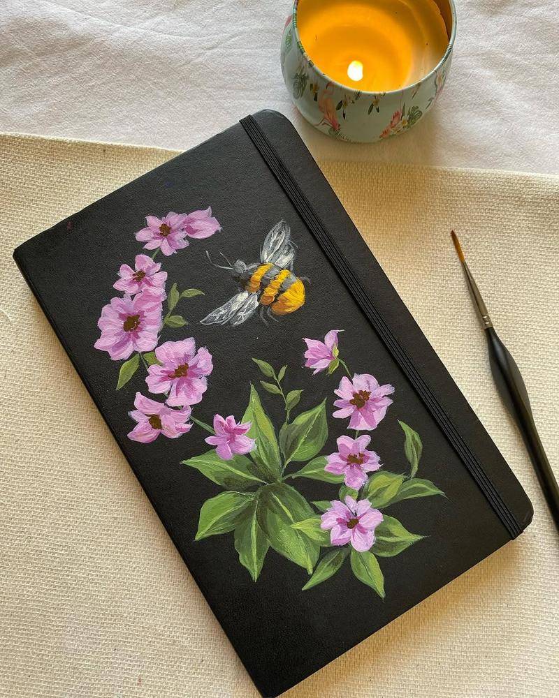 Painted Bumblebee and Floral Notebook Cover