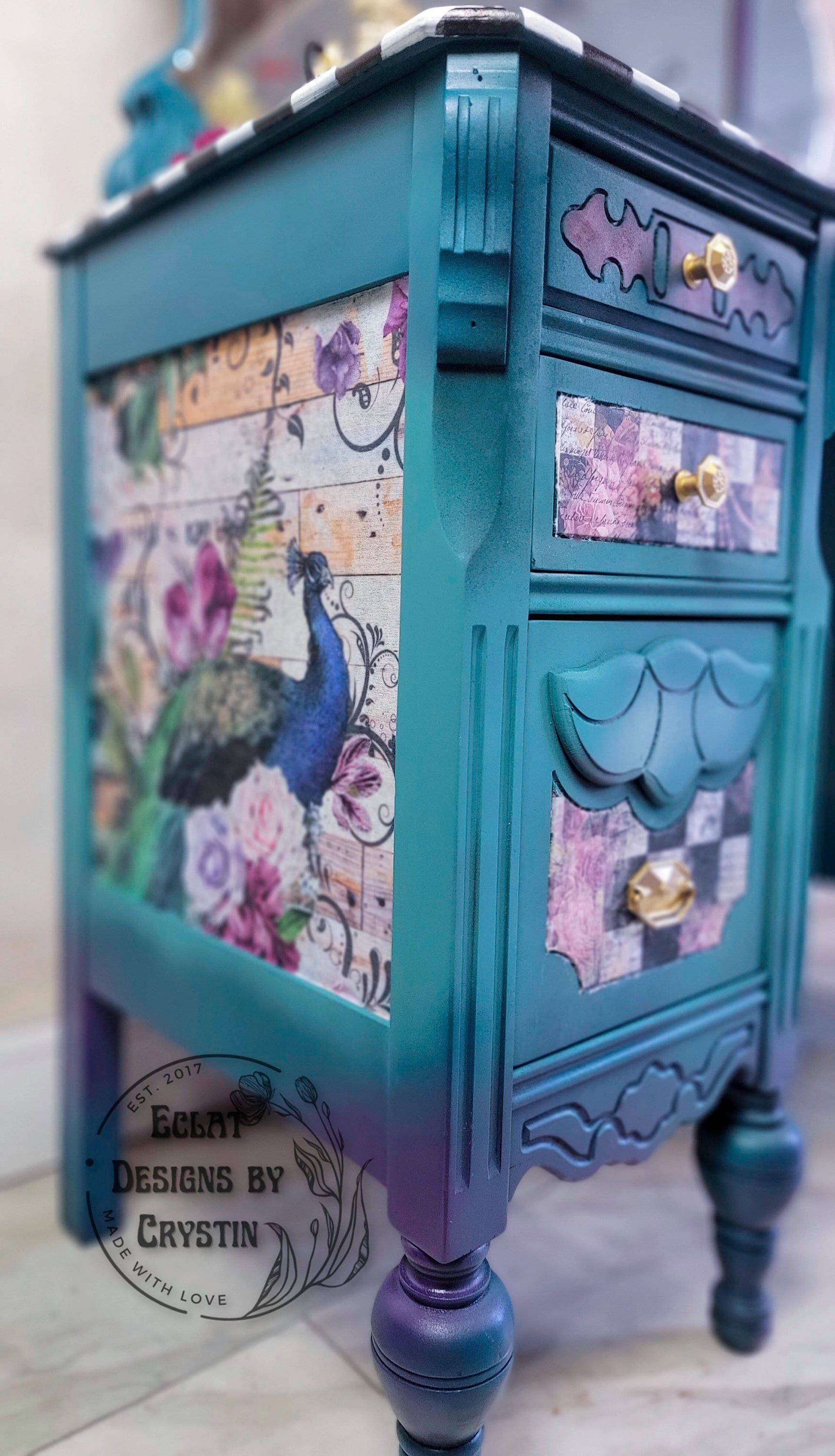 Peacock and Floral Decoupage Furniture Makeover