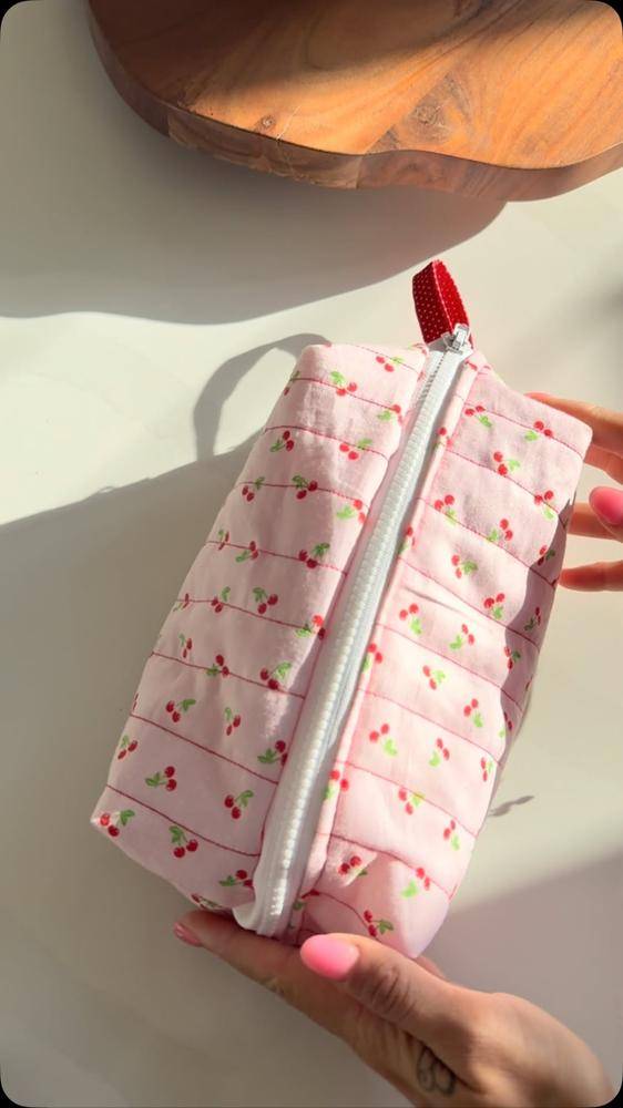 Quilted Cherry Print Zippered Makeup Bag