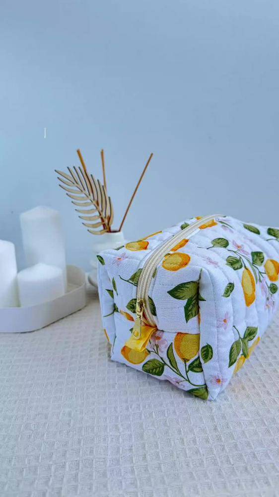Quilted Lemon Print Makeup Bag