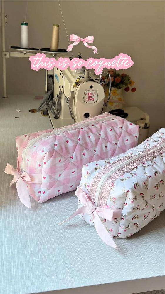 Quilted Pink Gingham and Floral Makeup Bags