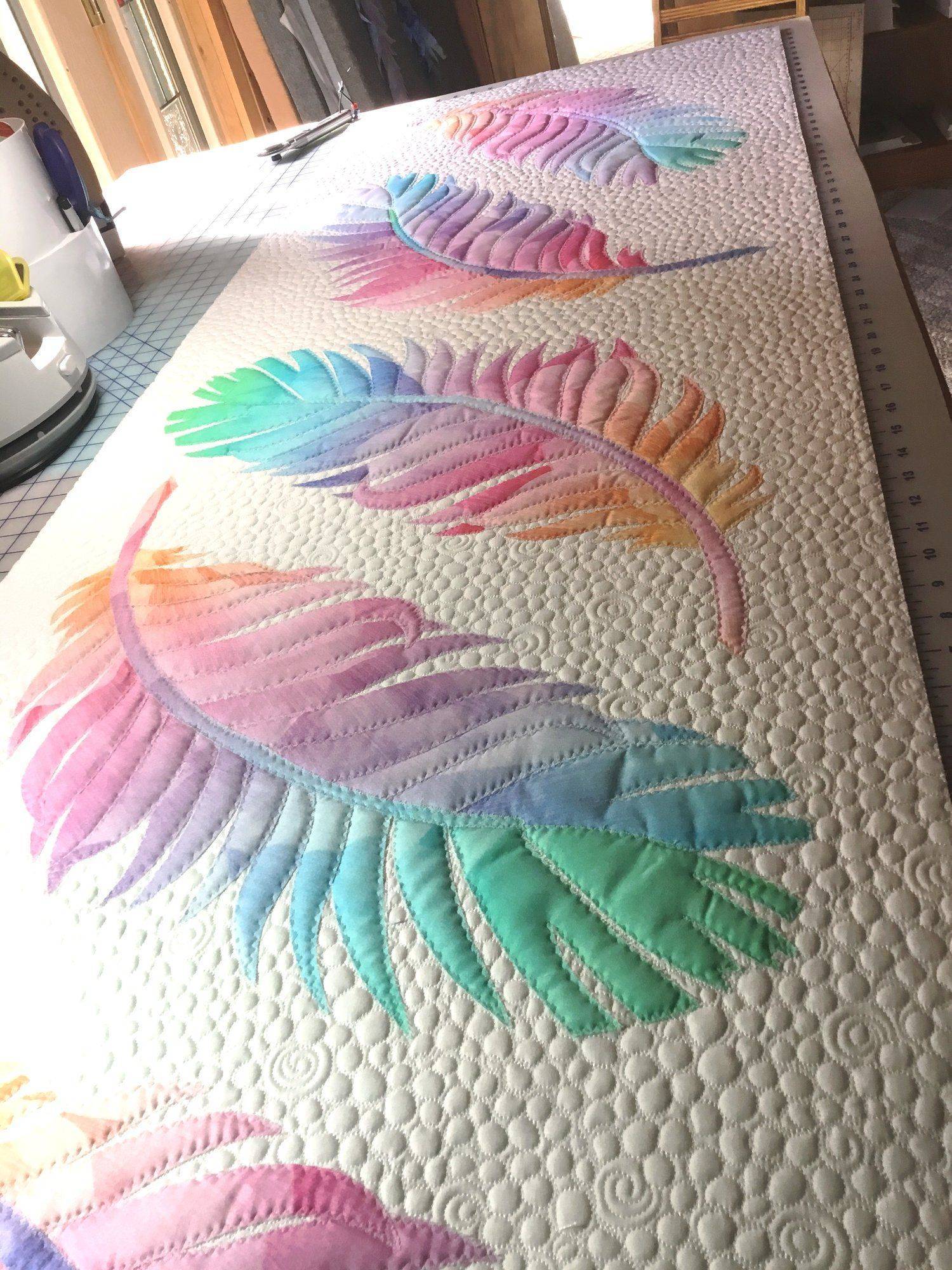 Rainbow Feather Appliqué Quilted Bed Runner