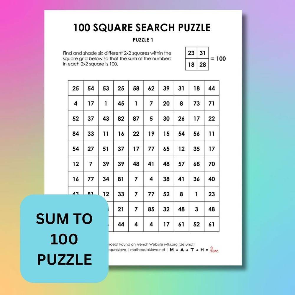 21 Printable Puzzles For Adults Sum to 100 Square Search Puzzle