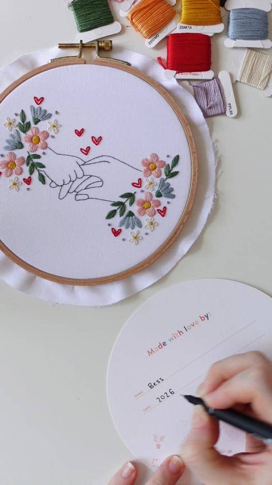 Sweet Hand-Holding Floral Embroidery Art
