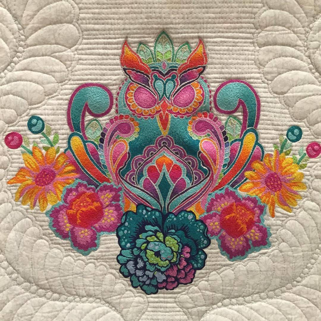 Vibrant Embroidered Owl and Floral Quilted Wall Hanging