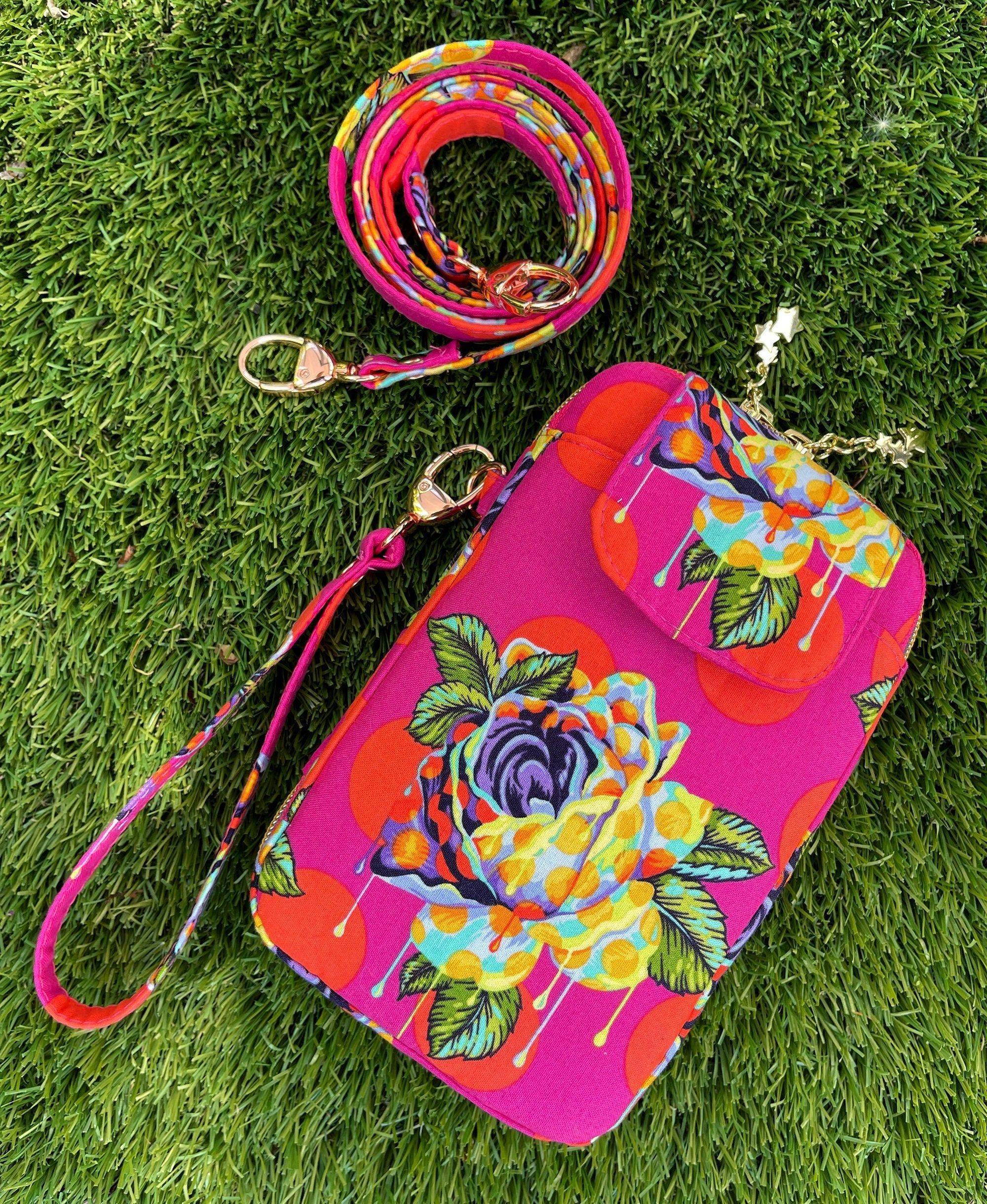 Vibrant Tula Pink Fabric Crossbody Bag with Detachable Strap