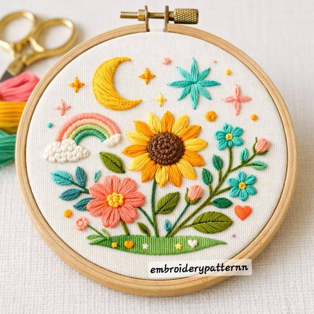 Whimsical Celestial Flower Garden Embroidery Hoop