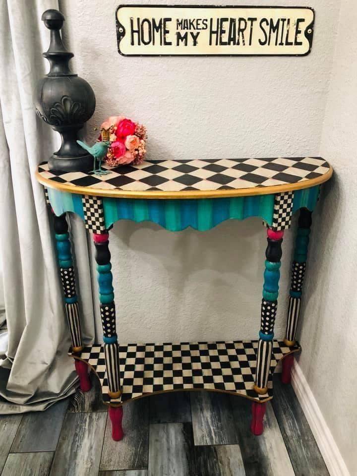 Whimsical Checkerboard and Stripe Console Table Makeover