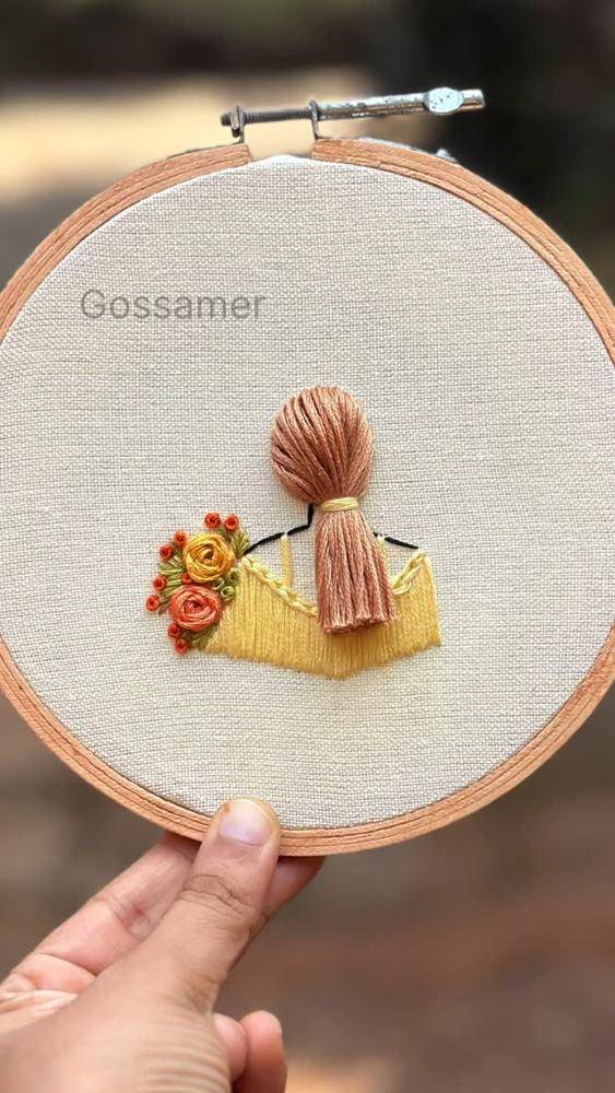 Whimsical Embroidered Girl with Flower Bouquet Hoop Art