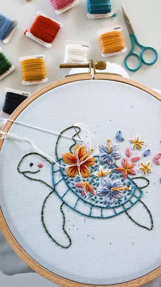 Whimsical Embroidered Turtle Hoop Art