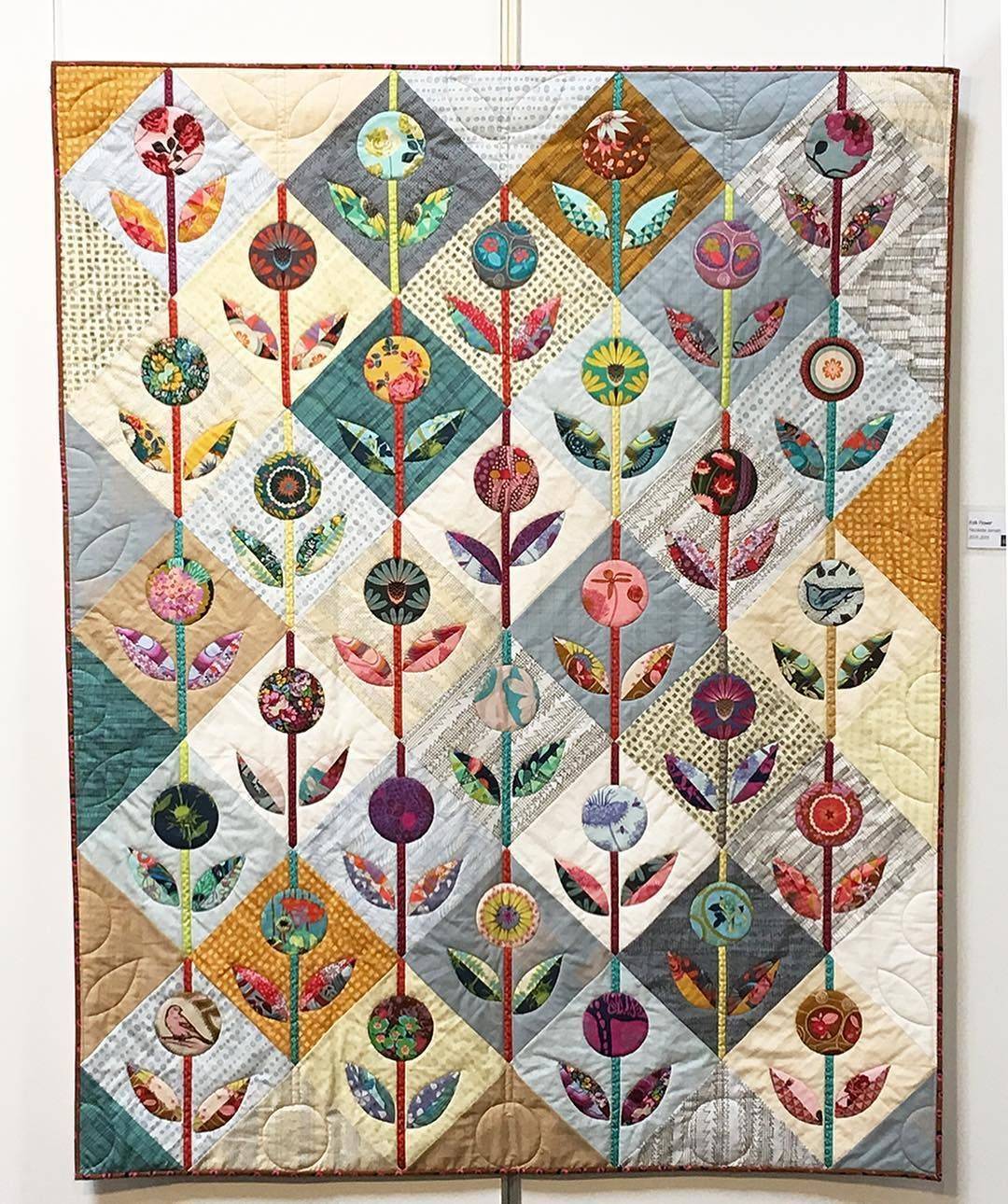 Whimsical Folk Flower Quilted Wall Hanging