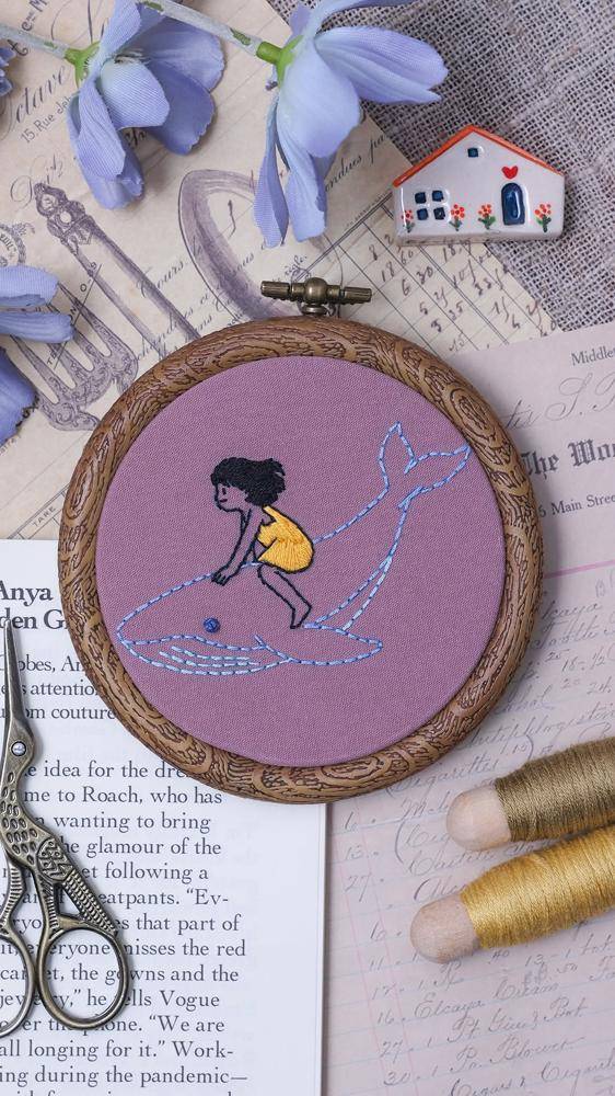 Whimsical Girl and Whale Embroidery Hoop Art