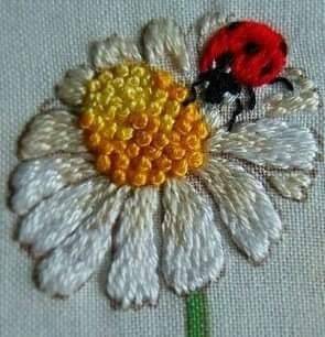 Whimsical Ladybug and Daisy Embroidery Hoop Art
