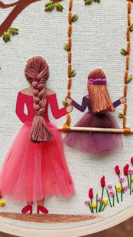 Whimsical Mother and Daughter Swing Embroidery