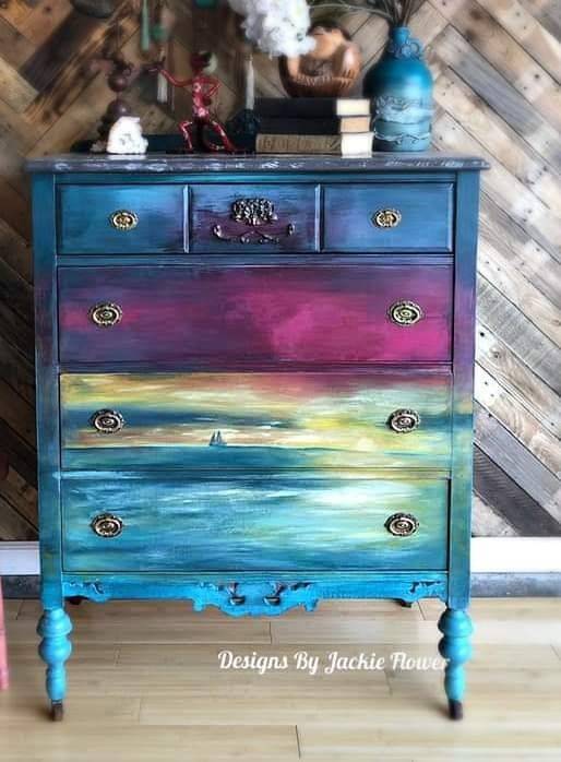 Whimsical Painted Dresser with Ombre and Seascape Drawers