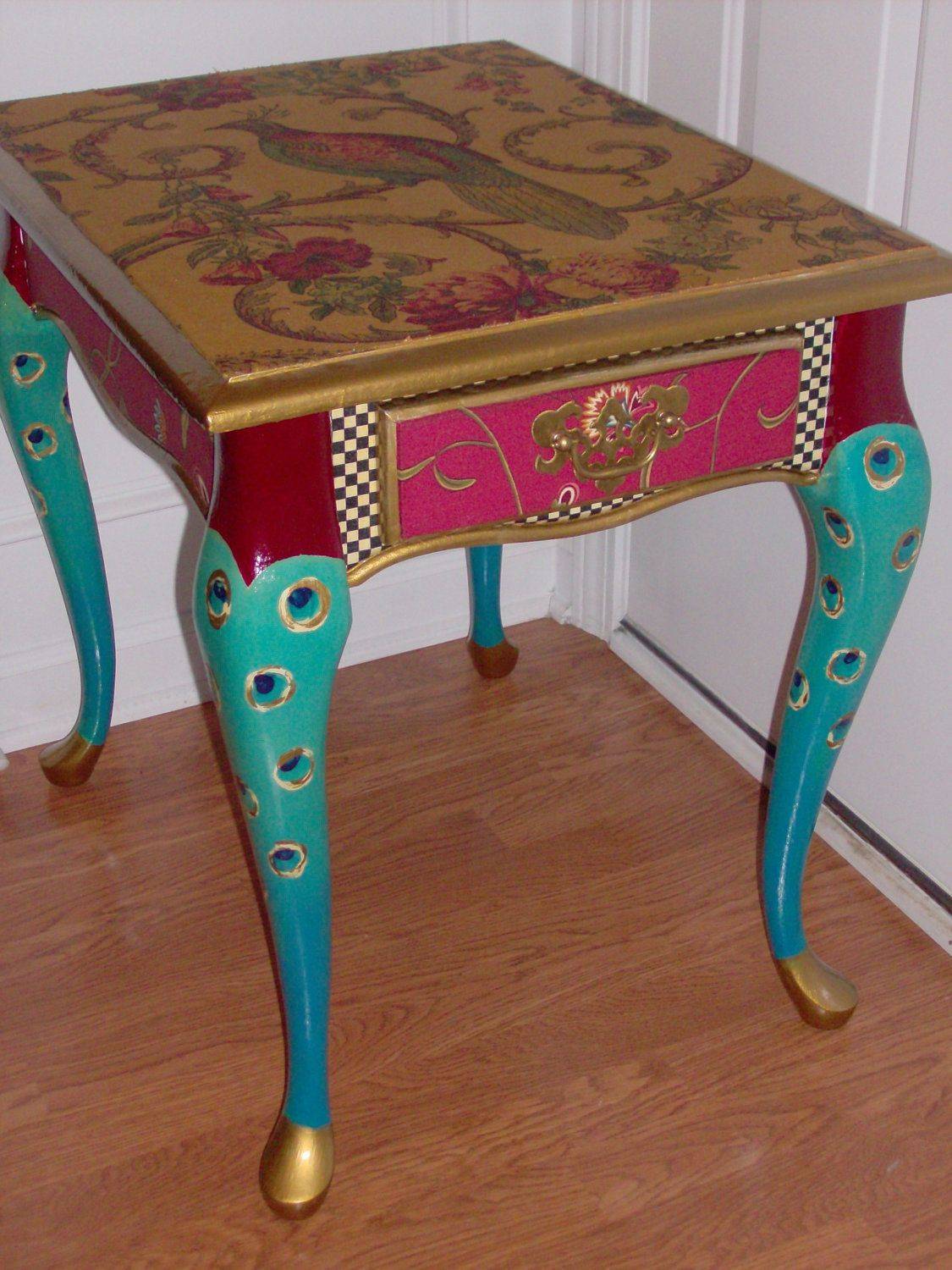 Whimsical Peacock-Inspired Painted Side Table