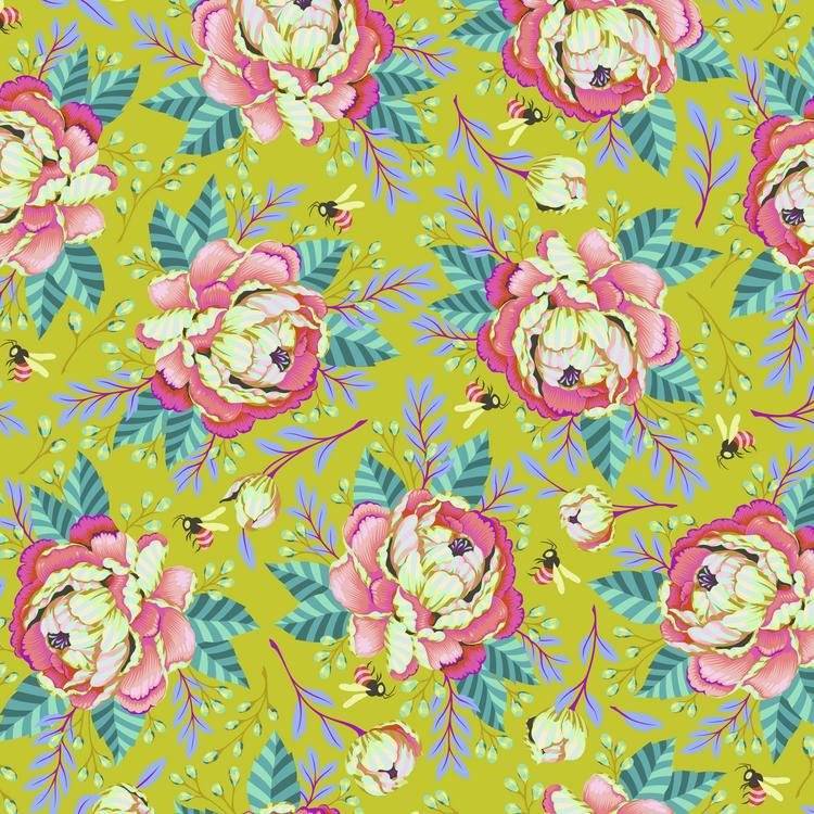 Whimsical Peony and Bee Fabric Pattern
