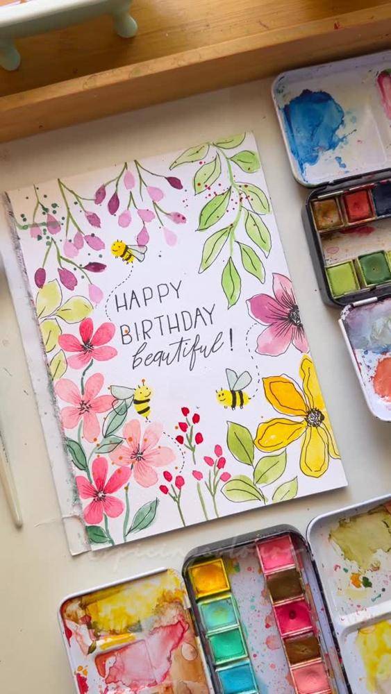 Whimsical Watercolor Birthday Card with Bees and Flowers
