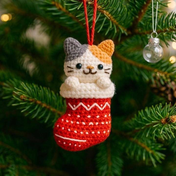 Adorable Crochet Cat Stocking Ornament