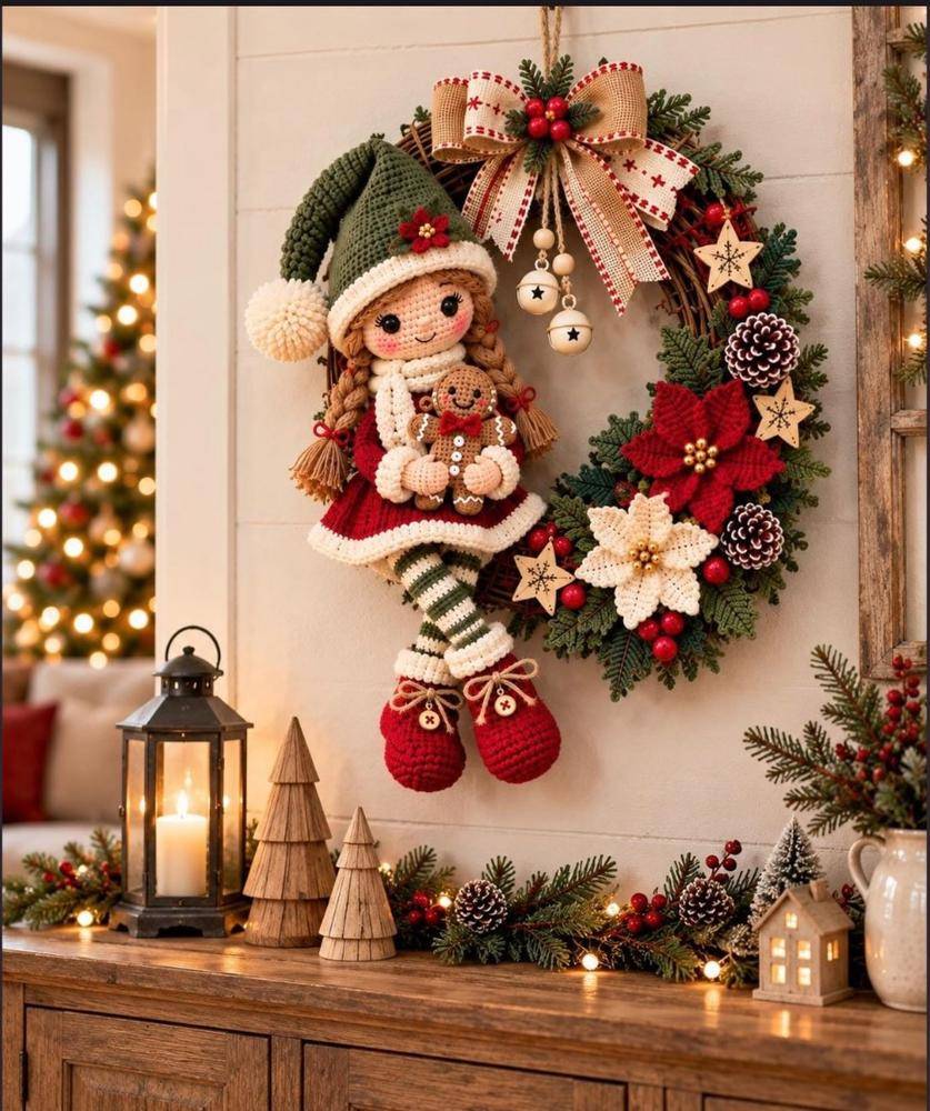 Amigurumi Elf and Gingerbread Man Crochet Christmas Wreath