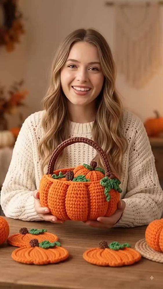 Amigurumi Pumpkin Crochet Basket and Coasters