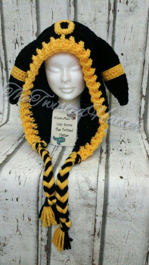 Black and Yellow Crochet Pokémon Hooded Hat with Braided Ties