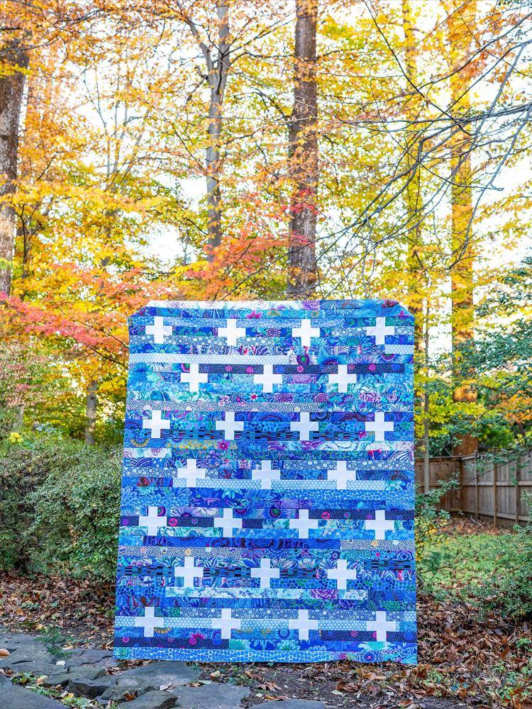 Blue and White Striped Cross Quilt